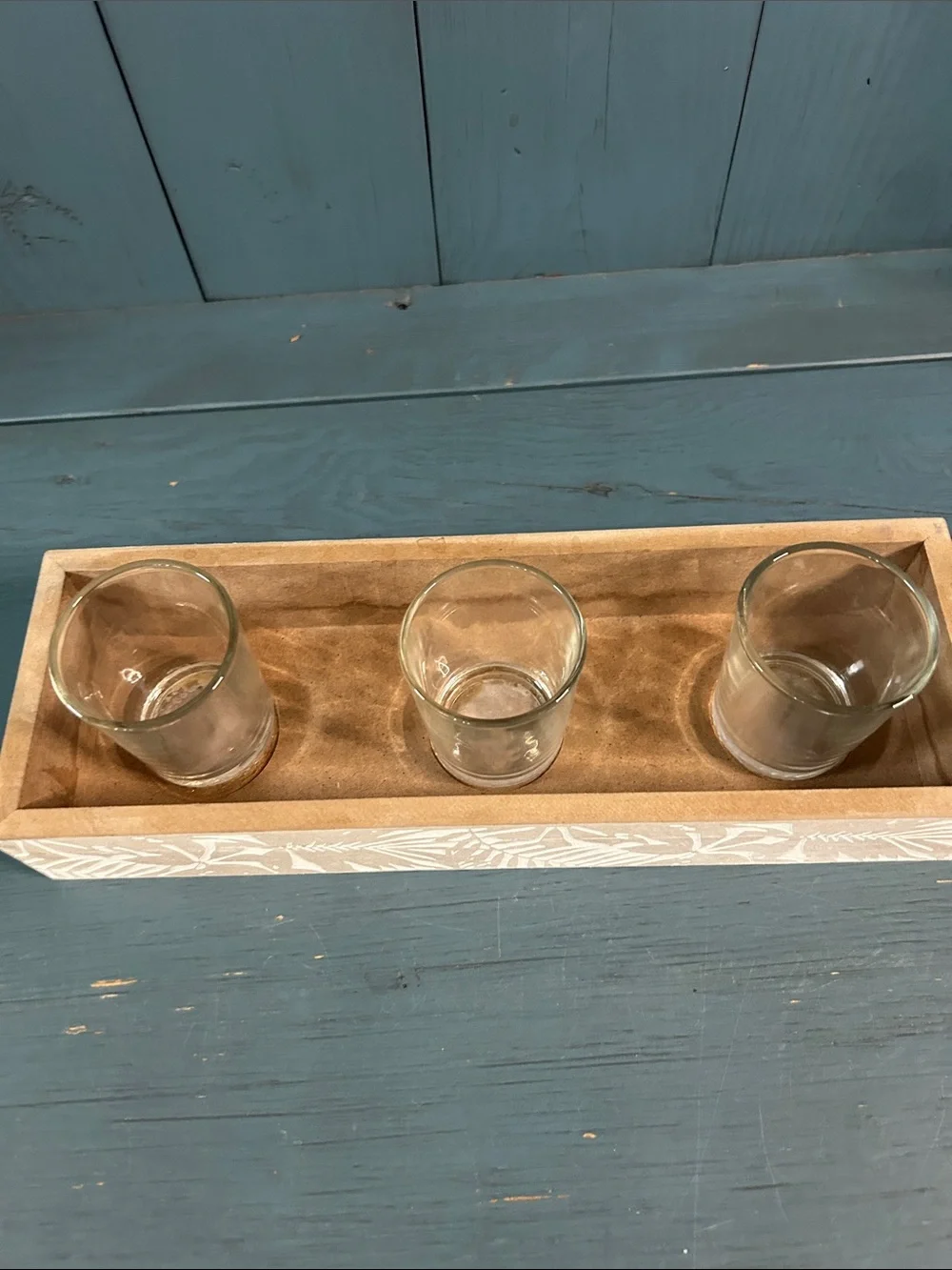 Wooden Decorative Tray with Three Glass Holders - Natural Candle Holder